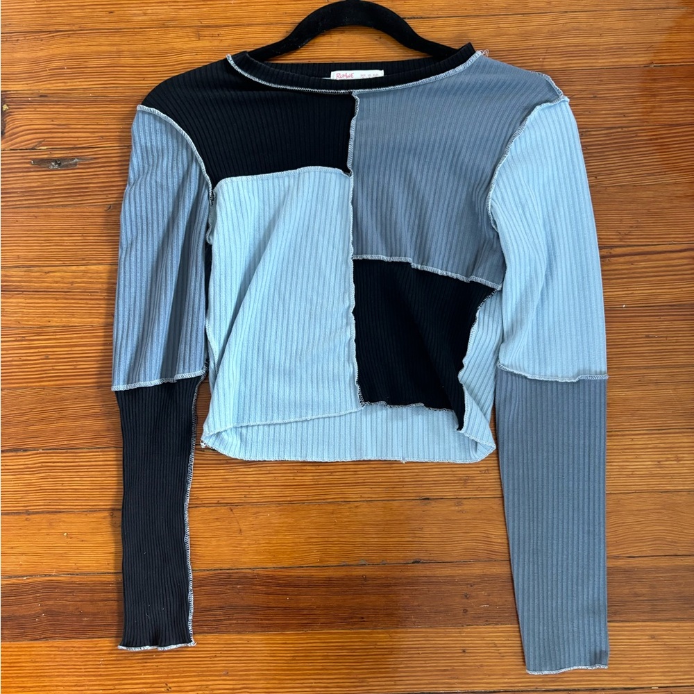 ROMWE Patchwork Long Sleeve Top - Black and Gray